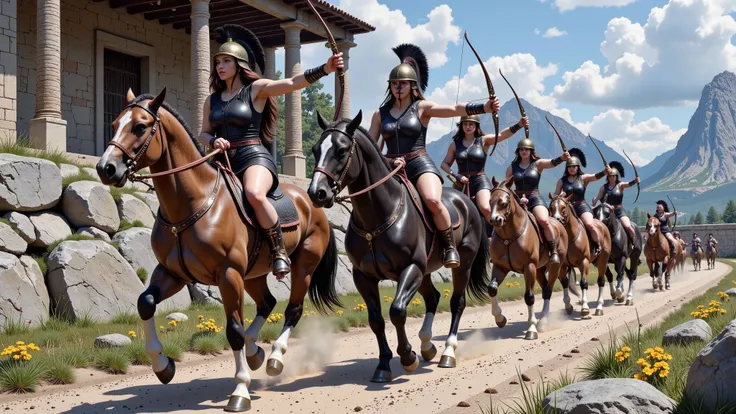Greek Amazons riding brown horses and equipped with black armor. They wear Athenian-style helmets and are depicted as archers, exuding strength and elegance. The scene captures their grace and power.