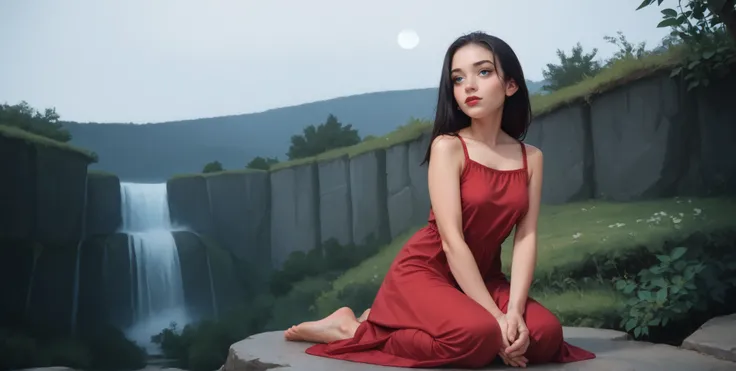 a girl kneeling praying on the edge of a cliff, waterfall, moon night, straight black hair breasts, hair is too long, full body, medium breasts, round chin, detailed feet, snub nose, side , long red dress, blue eyes, red lips