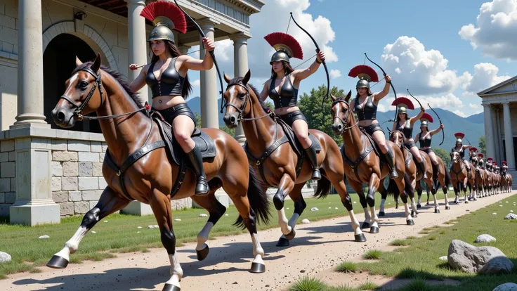 Greek Amazons riding brown horses and equipped with black armor. They wear Athenian-style helmets and are depicted as archers, exuding strength and elegance. The scene captures their grace and power.1