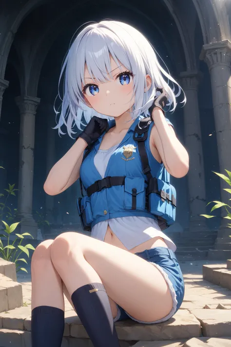 girl using a gun、
(1 girl), serious expression、 ( long white hair that covers shoulders:1.5), Blue Eyes , cute face、blue tactical vest 、 black gloves、black knee socks、hotpants、手形のあるなびく髪、assault rifle、 intense expression、Intense Battle Scenes、Dramatic ...