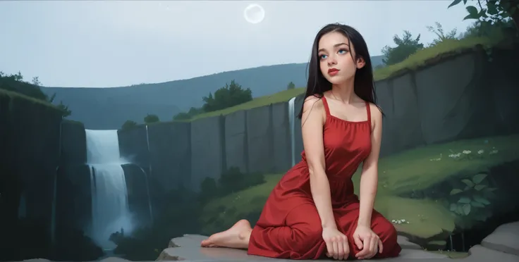 a girl kneeling praying on the edge of a cliff, waterfall, moon night, straight black hair breasts, hair is too long, full body, medium breasts, round chin, detailed feet, snub nose, side , long red dress, Blue eyes, red lips