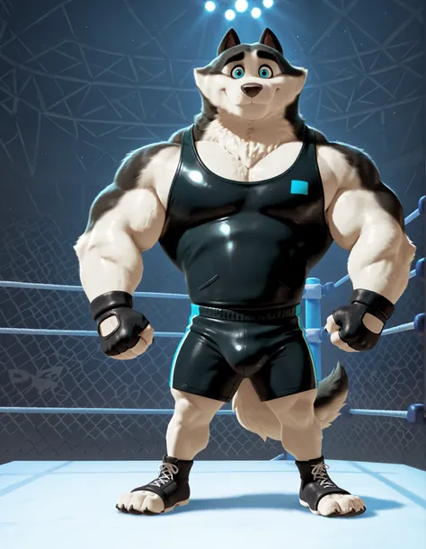 Duke (Arctic Dogs), anthro dog, black fur, white fur, male, blue eyes, high quality, full body, looking at viewer, solo, caged fighting ring background, fingerless gloves, feet, thick arms, muscular, wrestling singlet shorts