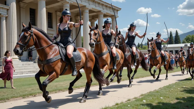 Greek Amazons riding brown horses and equipped with black armor. They wear Athenian-style helmets and are depicted as archers, exuding strength and elegance. The scene captures their grace and power.1