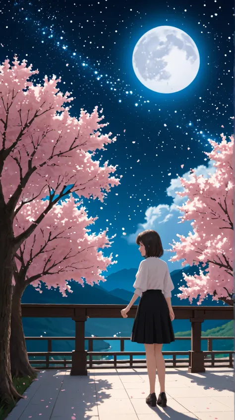starry skyを追加、月night、beautiful scenery、fantastic、starry sky、night、 full moon、cherry blossoms