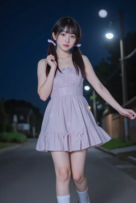 A full-body illustration of a young age girl with long, dark brown hair styled in low twin-tails, tied with cute ribbons. Her large, expressive eyes shine with excitement and a hint of rebellion, her cheeks slightly flushed with youthful passion. She wears...