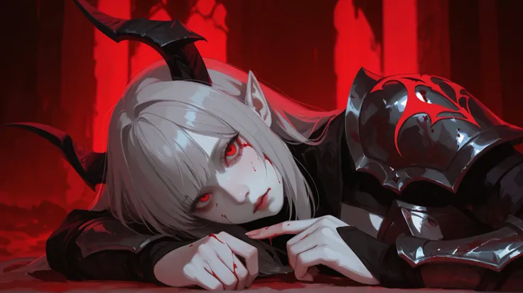 blood on face and hands, expressionless, portrait, female in teasing pose with one finger on lips, succubus demon with black long horns, pale white skin, wearing sexy armor, laying down on her side, pointy ears, long grey hair with bangs, red eyes looking ...