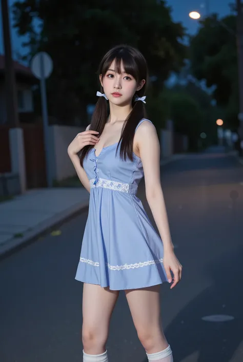 A full-body illustration of a young age girl with long, dark brown hair styled in low twin-tails, tied with cute ribbons. Her large, expressive eyes shine with excitement and a hint of rebellion, her cheeks slightly flushed with youthful passion. She wears...