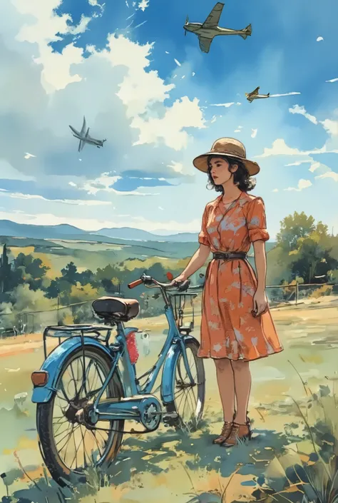 A young woman wearing a woman's hat and a red floral dress, standing next and holding a vintage blue bicycle in a french vineyard and grassy field, during the 40's. Windy weather. We can see 3 little german war planes high in the sky far away in the backgr...