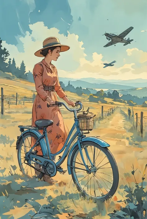A young woman wearing a woman's hat and a red floral dress, standing next and holding a vintage blue bicycle in a french vineyard and grassy field, during the 40's. Windy weather. We can see 3 little german war planes high in the sky far away in the backgr...