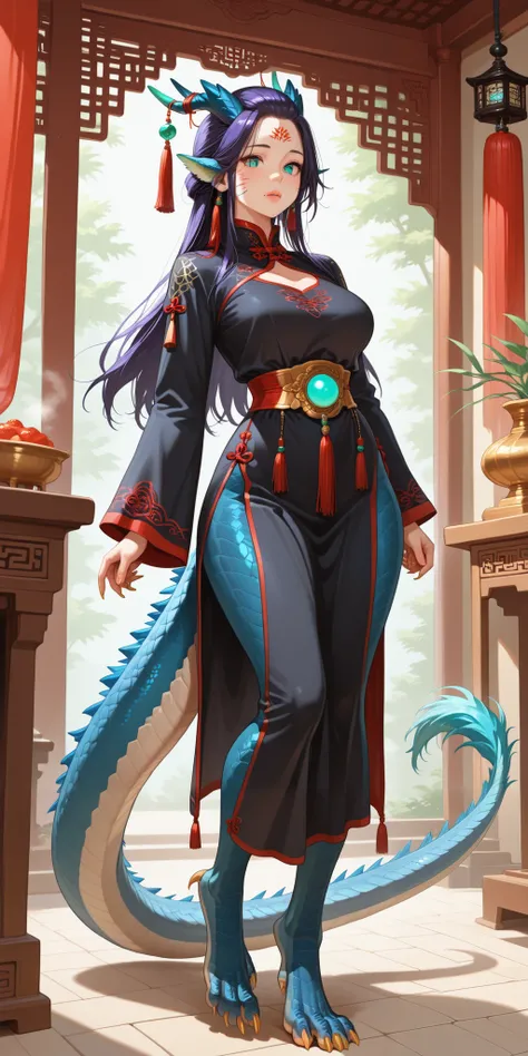 Girl is hybrid of the dragon. She has indigo blue/black straight shot hairstyle, her bangs are pinned up and pulled back. She has green/turquoise eyes with narrow pupil. she has 4 curved branched horns are located on the forehead. She has long pointy blue ...