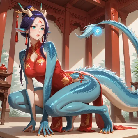 Girl is hybrid of the dragon. She has indigo blue/black straight shot hairstyle, her bangs are pinned up and pulled back. She has green/turquoise eyes with narrow pupil. she has 4 curved branched horns are located on the forehead. She has long pointy blue ...