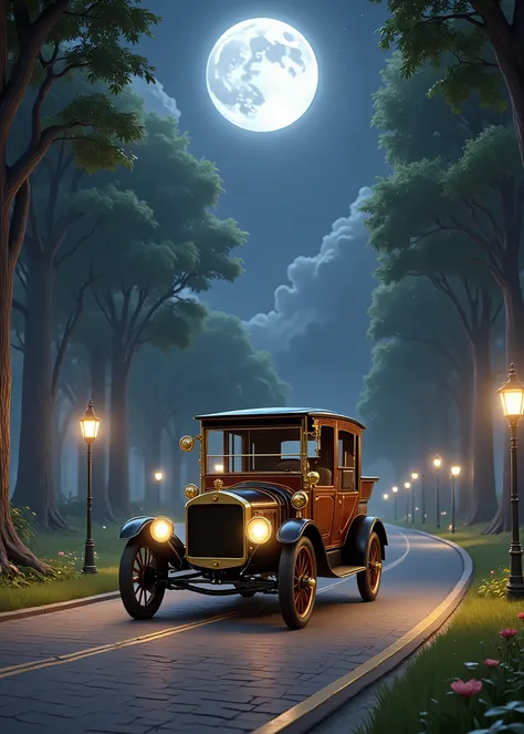 taken mainly of cars、Steam cars 、An old Ford type car from the early 1900s is parked on the road in the center of the forest、There are no passengers。、gently curved road、street lights continue at equal intervals on side streets、Full Moon Night