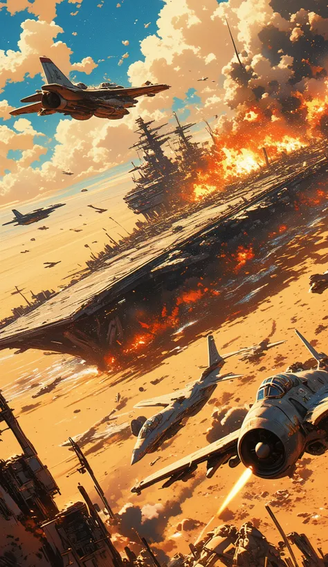 top quality, Super quality, 16k, unbelievably absurd, very detailed, 2.5D, Japanese manga, Kaoru Shintani's master piece, (Area 88), (Desert aircraft carrier explodes after being attacked by fighter jets, A-4, A-7, F-4,A-10, A-8)