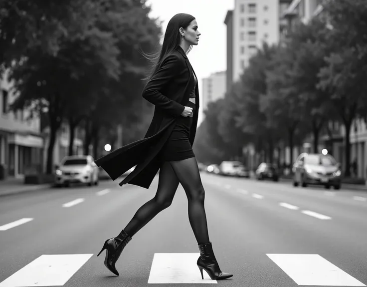 Create a professional black-and-white side-shot photograph of a striking woman mid-stride as she confidently crosses a pedestrian crosswalk in an urban, tree-lined street. Her profile is elegantly defined, with a determined expression and focused gaze conv...