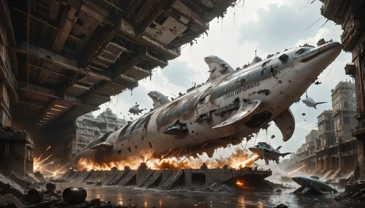 cinematic lighting, realistic textures, post-apocalyptic atmosphere, 4K, high detail, A massive spaceship, shaped like a dolphin with sleek, horizontally extended fins resembling dolphin flippers, has crash-landed near the Arc de Triomphe in France. The sp...