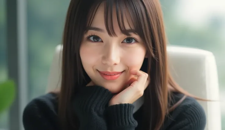 The face is positioned exactly in the center of the image , fully reflects the entire head , Face clearly visible、 black sweater, Hospital room, long hair、bangs, smile, young and cute japanese face , official art, high image quality CG Unity 8k wallpaper,U...
