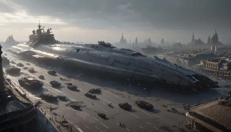 cinematic lighting, realistic textures, post-apocalyptic atmosphere, 4K, high detail, A massive spaceship, shaped like a dolphin with sleek, horizontally extended fins resembling dolphin flippers, has crash-landed near the Arc de Triomphe in France. The sp...