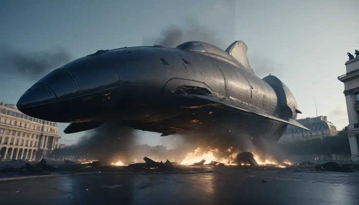 cinematic lighting, realistic textures, post-apocalyptic atmosphere, 4K, high detail, A massive spaceship, shaped like a dolphin with sleek, horizontally extended fins resembling dolphin flippers, has crash-landed near the Arc de Triomphe in France. The sp...