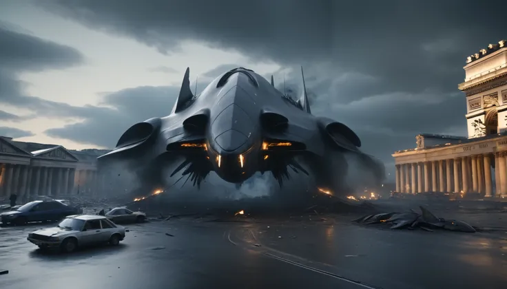 cinematic lighting, realistic textures, post-apocalyptic atmosphere, 4K, high detail, A massive spaceship, shaped like a dolphin with sleek, horizontally extended fins resembling dolphin flippers, has crash-landed near the Arc de Triomphe in France. The sp...