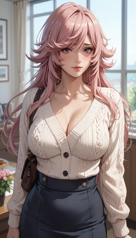 Solo girl, yayoi kusakabe,adult woman, housewife, pink hair, pink eyes, long hair, chest, white dress, open sweater, black skirt, milf, embarrassed, soft light, very detailed, top quality,A look of shame on his face,