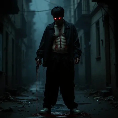 Korean man, black hair, black sclera, red glowing eyes, black jacket open, six pack belly exposed, belly dirty of blood untill the face, black long pants, white shows, crossed arms, blood drippring from his hands, city at noght, blood stained floor, and cl...
