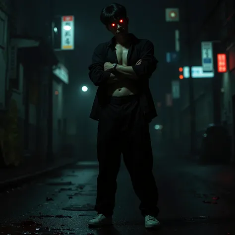 Korean man, black hair, black sclera, red glowing eyes, black jacket open, six pack belly exposed, black long pants, white shows, crossed arms, blood drippring from his eyes, city at noght, blood stained floor, and clothes, HD, 4K