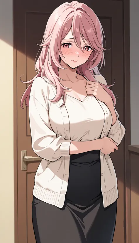 Solo girl, yayoi kusakabe,adult woman, housewife, pink hair, pink eyes, long hair, chest, white dress, open sweater, black skirt, milf, embarrassed, soft light, very detailed, top quality,A look of shame on his face,