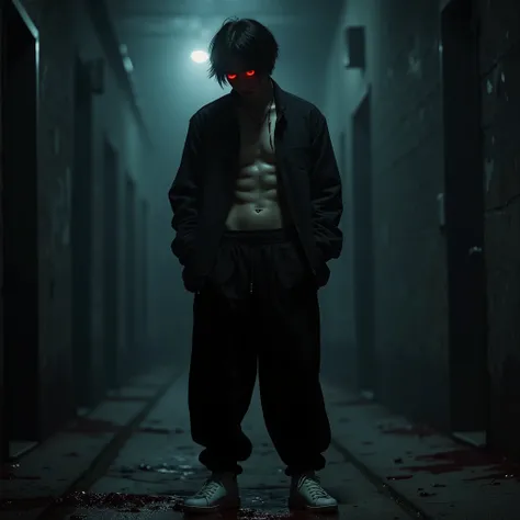 Korean man, black hair, black sclera, red glowing eyes, black jacket open, six pack belly exposed, black long pants, white shoes, hands on pockets, blood drippring from his eyes, garrage at night, blood stained floor, and clothes, HD, 4K