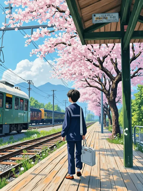 Makoto Shinkai cinematic aesthetic, 1980s rural train station in spring: A boy in navy uniform stands on wooden platform, behind him stretches a cherry blossom tunnel with 72% opacity petals covering rusted tracks. A vintage diesel train rests on left side...