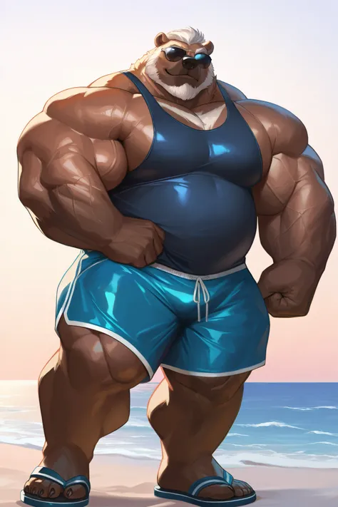 solo, massive muscular old grizzly bear, brown fur, in beach, old, sunglasses, pec focus, short white hair, tank top, bicep posing, bearded, chubby, looking to viewer, very huge pectoral, shorts, detailed face:1.3, eyes, sandals, swim trunks, wide shoulder...