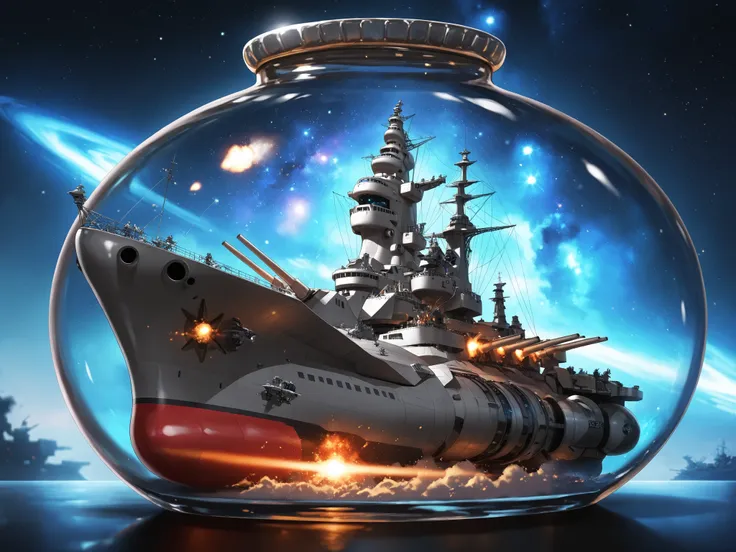 ((Best Quality)),( super high definition),(Super detailed),( detailed description ),((The best CG)),(masterpiece), Space Battleship,TQ - Miniature Worlds In Bottles,
The background is a galaxy