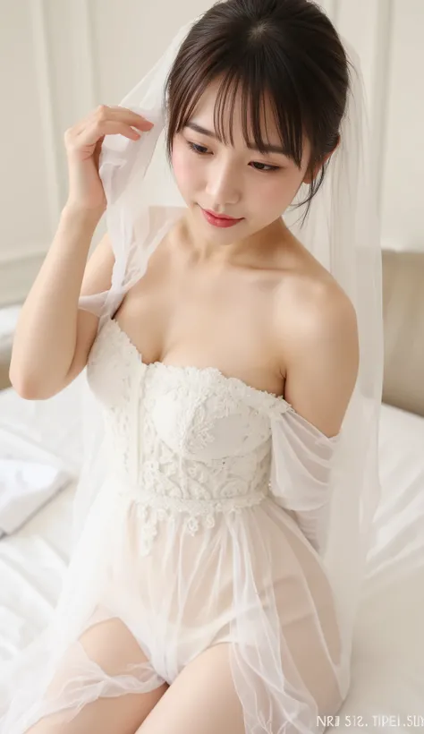 (((nsfw)))、KAWAII、sex slave, Japanese bride, ( wedding veil :1.5),( tube top wedding dress:1.5), I'm taking off my dress, are having sex, Moaning with pleasure, earrings, necklace, Western-style room , on the bed
