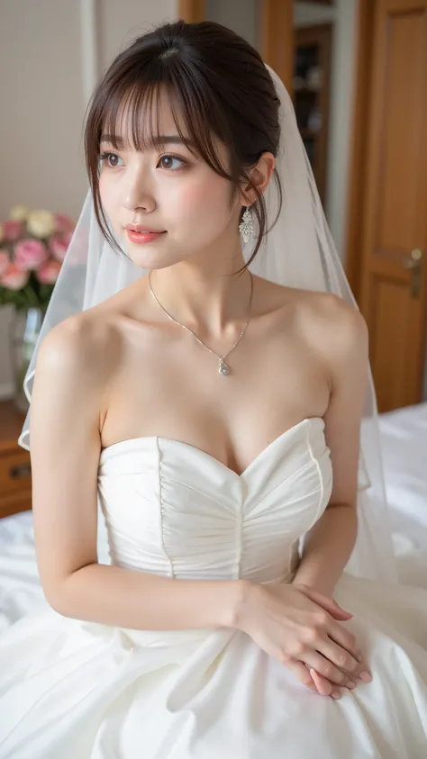 (((nsfw)))、KAWAII、sex slave, Japanese bride, ( wedding veil :1.5),( tube top wedding dress:1.5), I'm taking off my dress, are having sex, Moaning with pleasure, earrings, necklace, Western-style room , on the bed