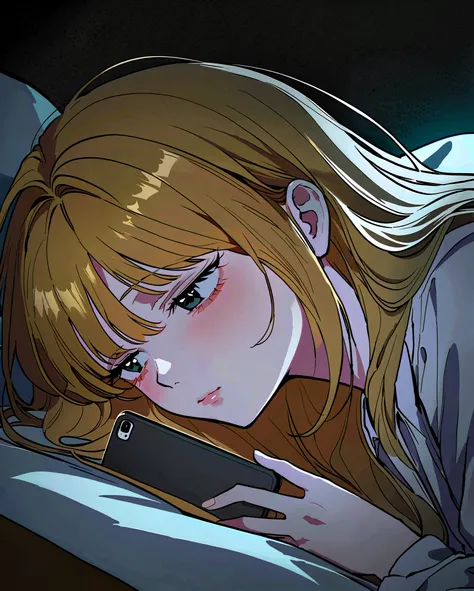 (best quality:1.4), (ultra highres:1.2), (8k, RAW photo:1.2), manhwa-artstyle, 1girl, solo, long hair, badly cut bangs, curled up in a blanked, looking at her cell phone, night, phone screen reflecting on her face in the dark, lying in bed, night, dark pla...