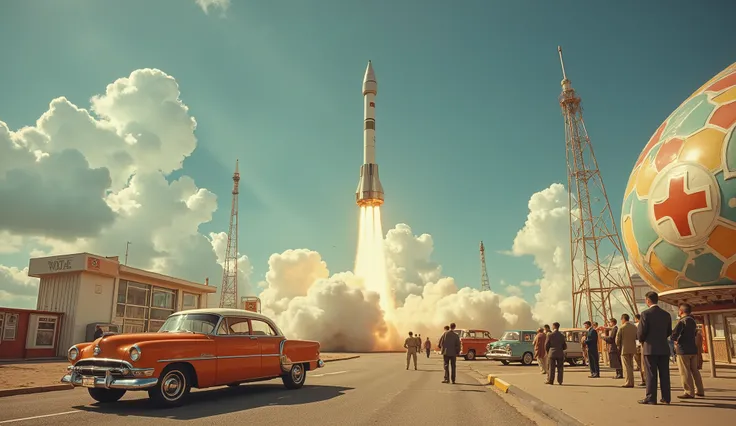 Rocket launch in 1960s, vintage, retro. Large rocket launching with powerful flames and smoke, against a vibrant, partly cloudy, bright blue sky. Several bystanders, middle-aged men in dark suits, observing the launch. Cars of the era, predominantly an ...