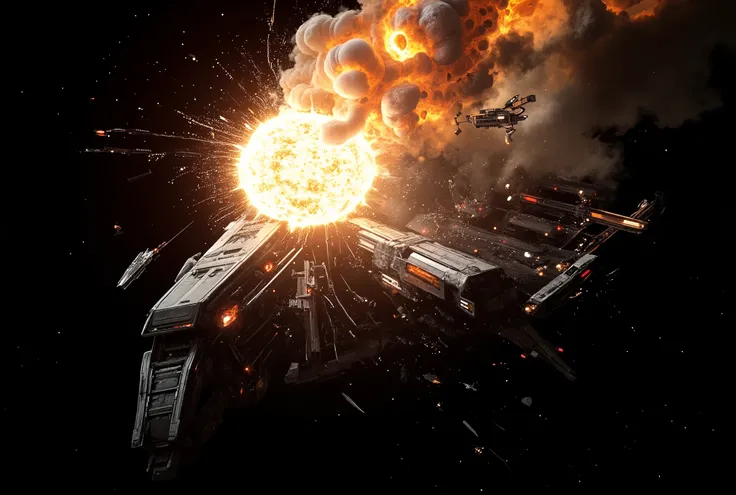 vast outer space, large spaceship ,Death Star,Explosion accident,Unprecedented Danger,Shock and Awe, high quality DVD,4K,realistic,professional,Extreme Detailed Description,Physically Based Rendering,Studio Lighting,deep focus,Vivid Colors, bokeh effects ,...