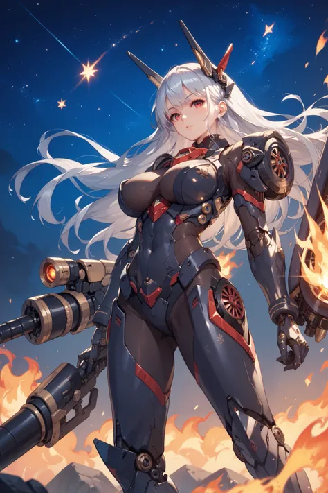 Japanese anime,alone,Mecha Girl, Big breasts， bodysuit, mechanical parts , ((starry sky))，night，( masterpiece, best quality), Long Silver Hair, red eyes，( black armor), Holding an electromagnetic cannon, On the battlefield，Fire