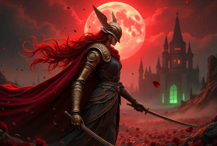 A highly detailed, ultra-realistic cinematic shot of Malenia, Blade of Miquella, standing in a dynamic battle pose under a blood-red full moon. She wears her signature ornate, battle-worn golden armor with intricate engravings, a flowing red cape, and her ...