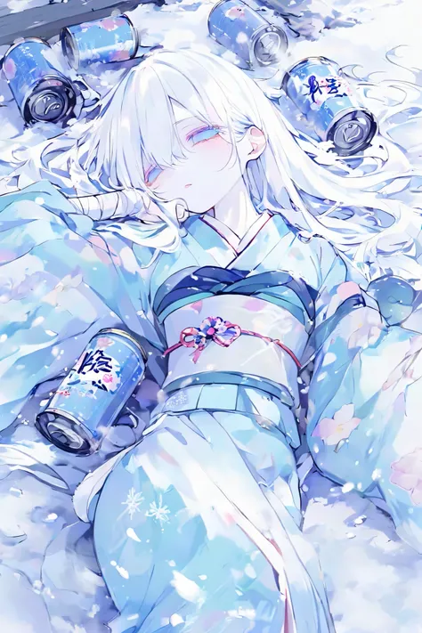 Snow falls, long-haired woman with white hair, Japanese style, emptiness and ephemeral kimono, long hair that hides her eyes, fantastic transparency, can be applied to fog, mysterious, clean, lying on her back, pastel color, bandages on her arms, covered w...