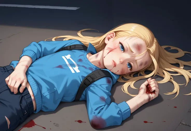 CammyBO, blue eyes, long hair, lying on the ground, seen from above, bleeding, her clothes are dirty, look of an almost dead person, half eyes, weak, in the middle of a road lying on the ground, at night, the moon illuminates her from above, head down, sad...