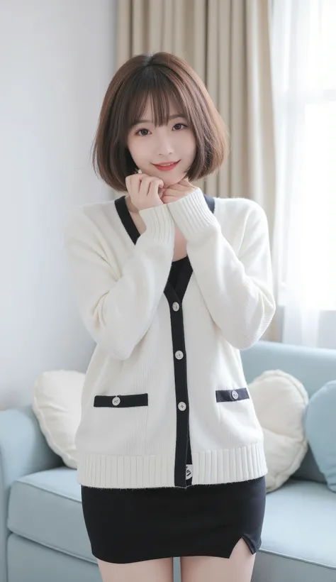standing in a room。Women have brown bob hair that is above the shoulders、 has bangs。she is wearing a white cropped knit Generate an image depicting a young woman wearing a cardigan、The cardigan has a black border and black pockets、with large white buttons。...