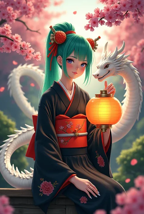 A straight-faced yakusa Japanese woman, green hair, neon black kimono sitting in a cute garden holding a neon yellow Japanese lamp, with a white dragon around her.., Surrounded by cherry blossoms ."There is a beautiful white dragon
