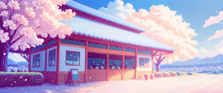 non-humans, clear blue sky, cloud, outdoor, sky, building, daylight, [blurred, summer, shadow, landscape, 8k wallpaper, masterpiece background, cinematic lighting, better quality, photorealistic landscape, small coffee shop facade, cute vintage Korea style...