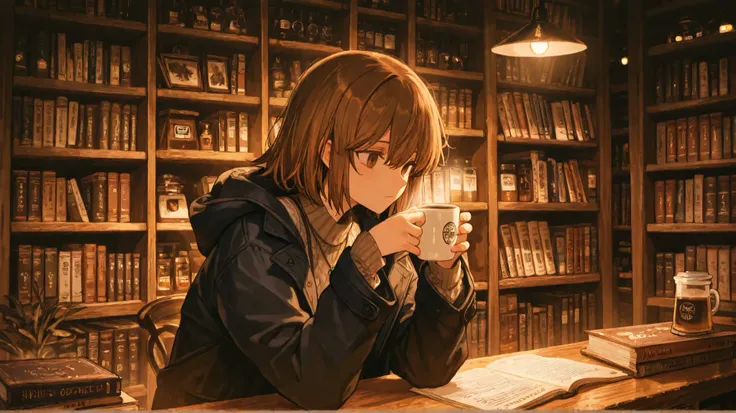 A quiet bookstore on a rainy afternoon. The scent of old paper and freshly brewed coffee lingers in the air. Emily stands near a wooden bookshelf, absentmindedly flipping through the pages of a novel. She wears a cozy knit sweater, her chestnut brown hair ...