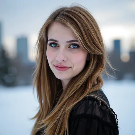 Breathtaking medium shot photography of ohwx, , Skyscraper,Immaculate snowfields glisten under the winter sun,Heavy rain clouds with lightning,soft lighting, dressed in a Victorian-inspired outfit with modern twists and bold makeup,upper body shot, smile, ...