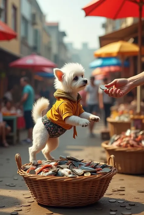A small white dog in a shirt and patterned pants stands on a woven basket, with coins and fish scattered around it. A hand is extending a coin towards the dog, who takes it in the hand that looks up expectantly. The background depicts a bustling market...