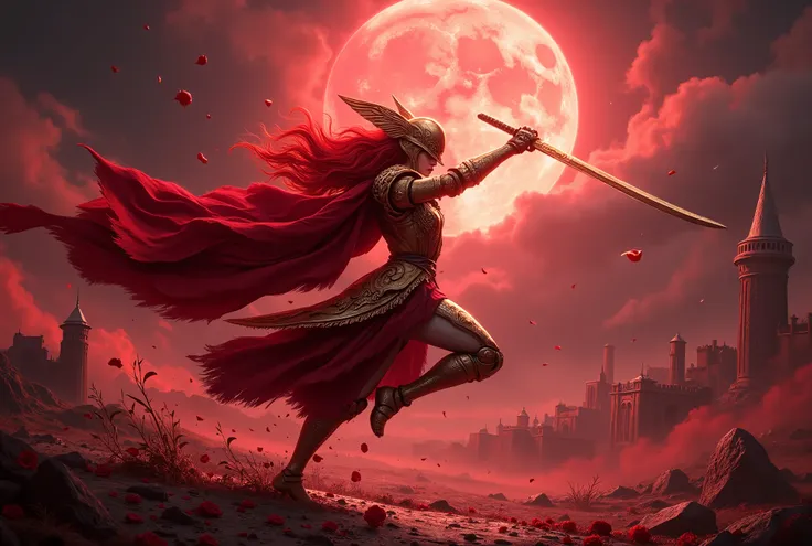 A highly detailed, ultra-realistic cinematic shot of Malenia, Blade of Miquella, leaping through the air in a dynamic battle pose, her katana raised and ready to strike. She wears her signature ornate, battle-worn golden armor with intricate engravings, a ...