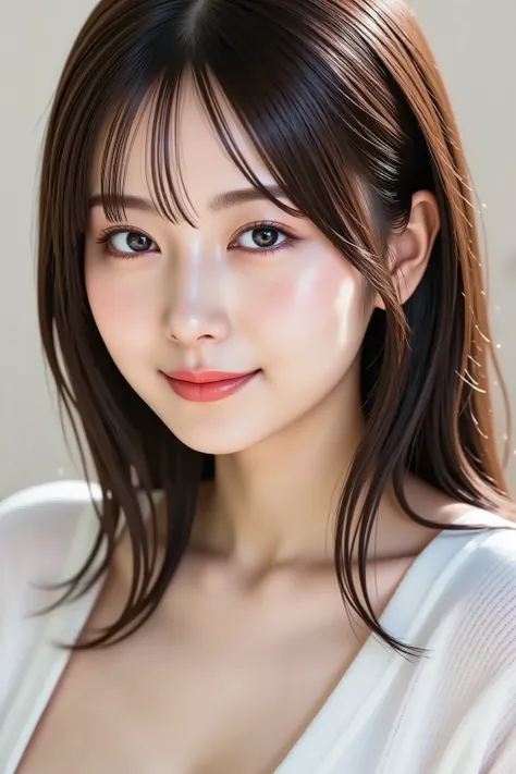 Full head 、Position your face in the center, masterpiece, fine, clean skin、Solid Color Halter Neck Long Sleeve Ribbed Slim Fit Tee、long black hair, Bangs, smile, 8k, shooting studio background