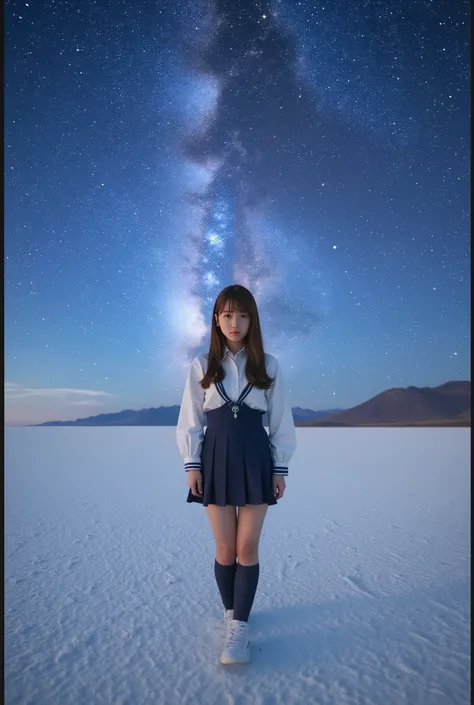top quality、masterpiece、18 year old Japanese girl at Miuyuni salt lake、wearing a high school girl uniform、thin legs、I'm at Uyuni salt lake on a night with water、Milky Way Galaxy、((((full body picture))))