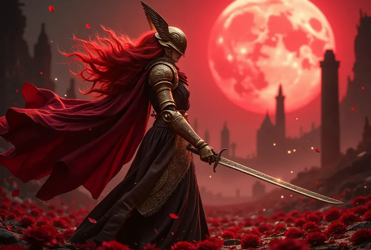 A highly detailed, ultra-realistic cinematic shot of Malenia, Blade of Miquella, standing in a dynamic battle pose under a blood-red full moon. She wears her signature ornate, battle-worn golden armor with intricate engravings, a flowing red cape, and her ...